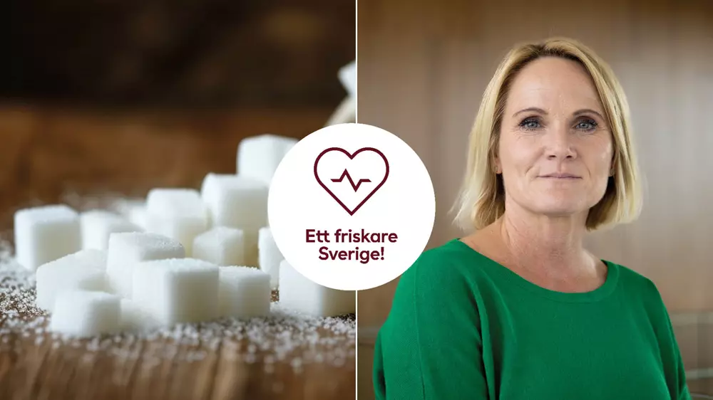 Helena Bjröck, Axfoods dietist står bred ett gäng sockerbitar