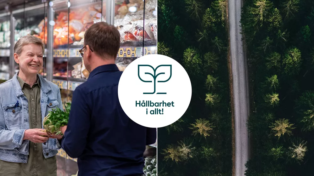 Axfoods hållbarhetschef Åsa Domeij står i en matbutik och pratar med en kollega